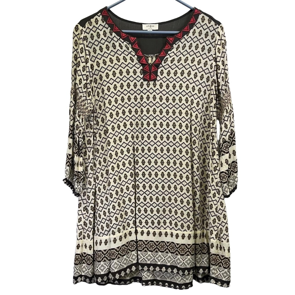 Umgee Brown Beige Womens Red Embroidered V Neck Boho Geometric Tunic‎ Top Small